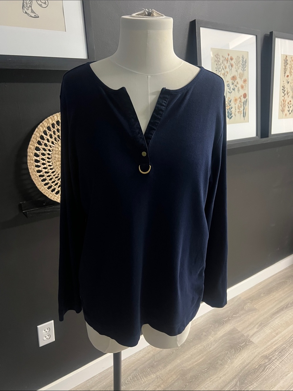 Lauren Ralph Lauren 100% Cotton - Navy Long-Sleeve Split V Top with Ring Detail